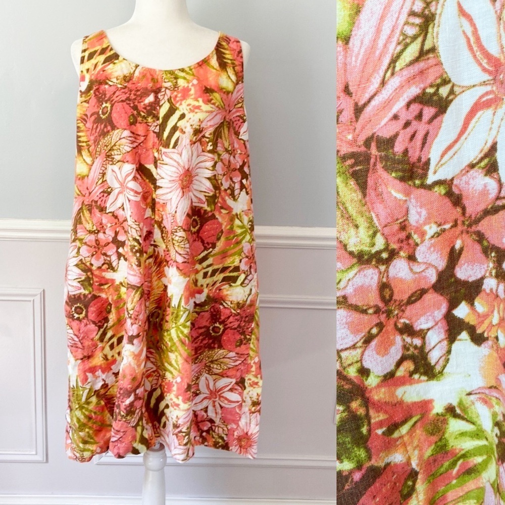 J Jill Love Linen Shift Dress Large Sunset Reef Floral Sleeveless Pockets Size L